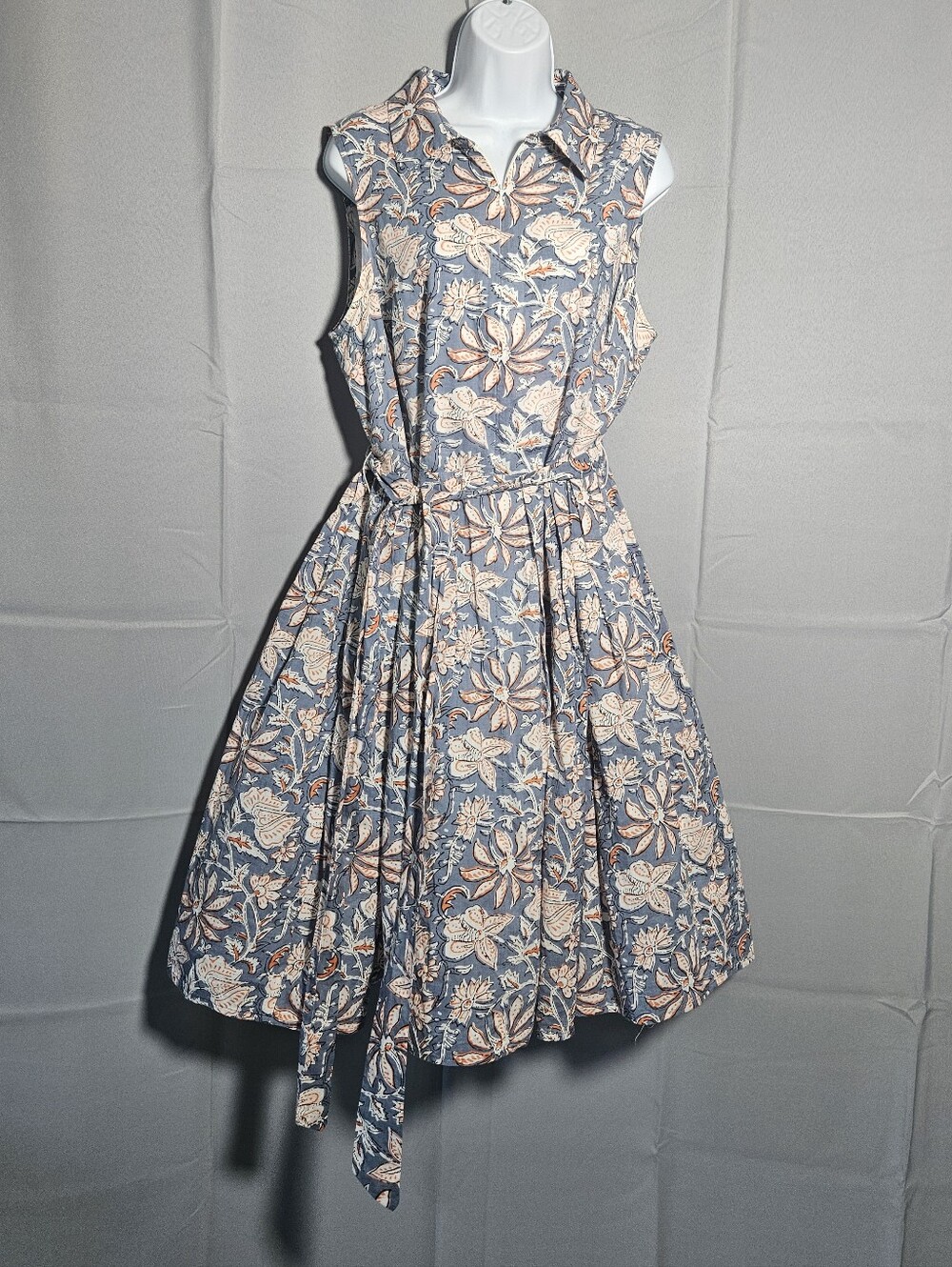 Eshakti Retro Cotton Floral Tropical Pin-up Swing Midi Navy Pockets Sz Large